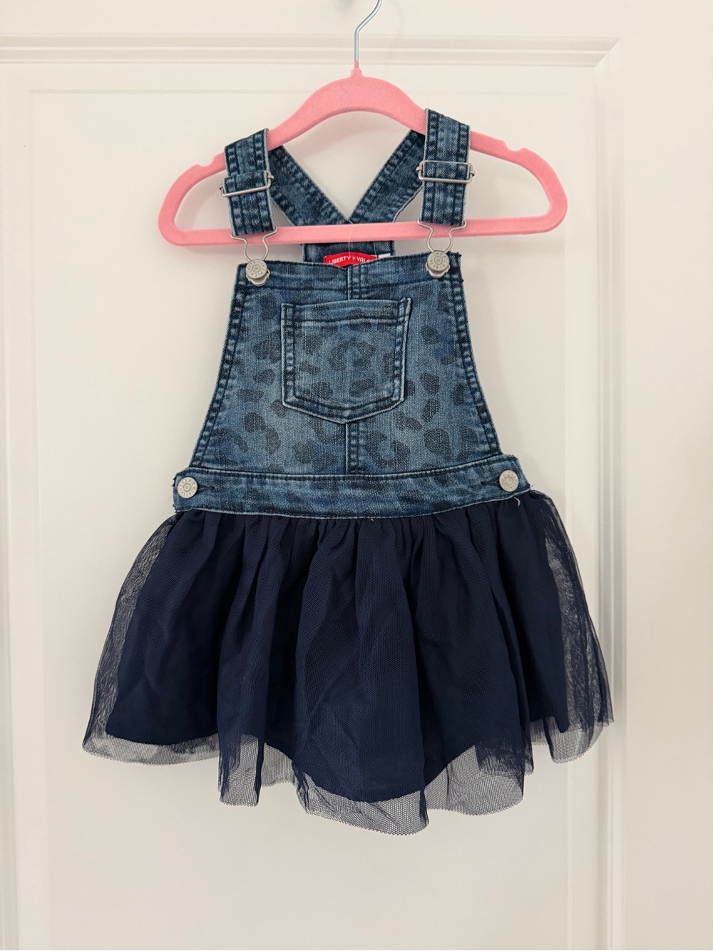 Girls Navy Denim Leopard-Print Tulle Overall Dress